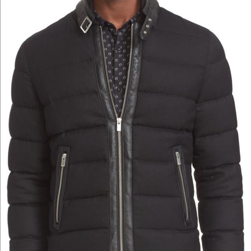 The Kooples Leather Trim Flannel Down Jacket